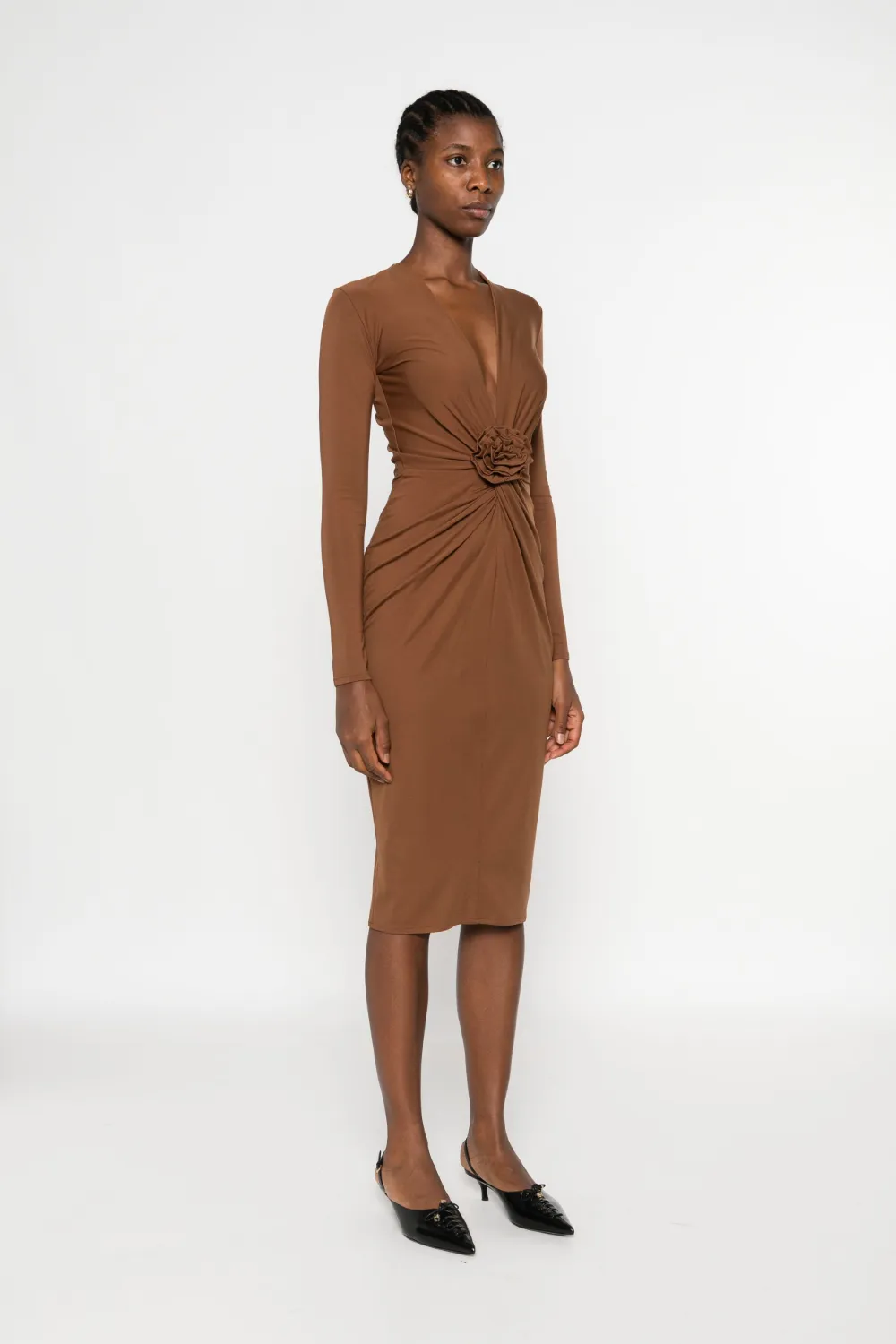 Roserry Rose-embellished Twist-front Midi Dress In Brown