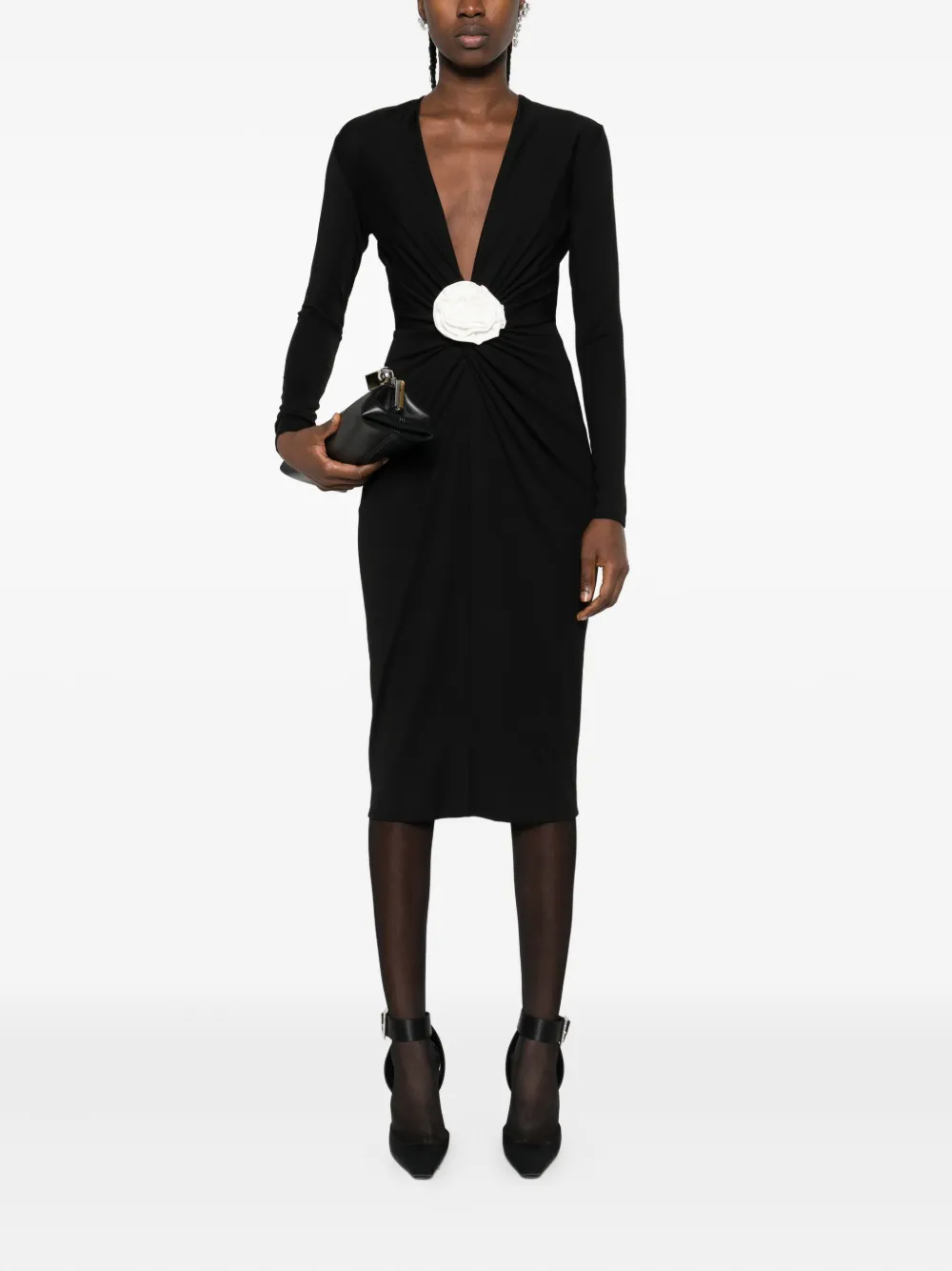ROSERRY Mallorca rose-embellished twist-front midi dress - Zwart