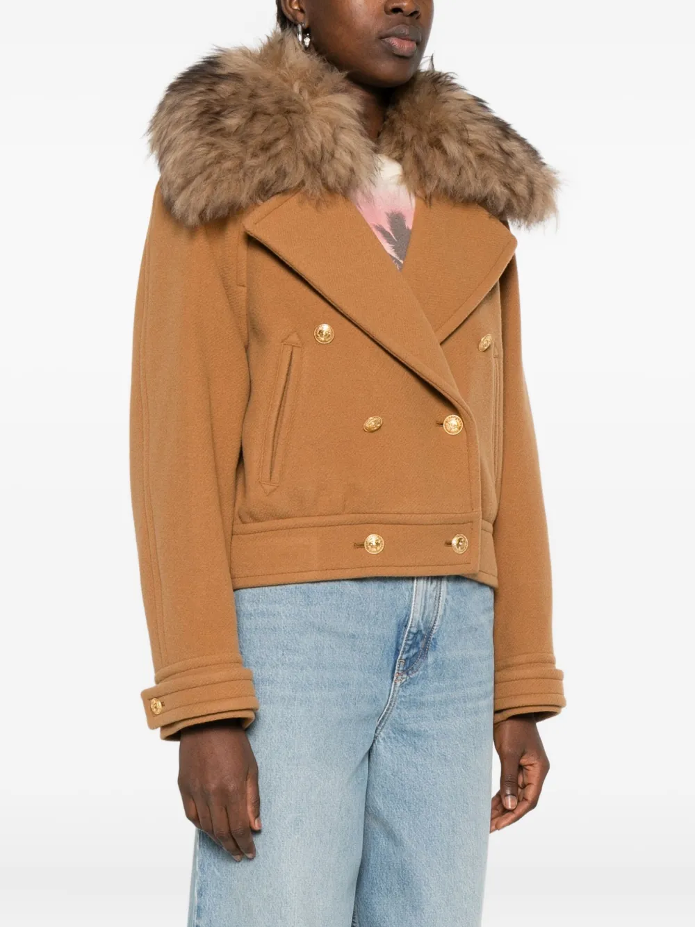 Chloé Wool Blend Jacket Fur Collar In Gold