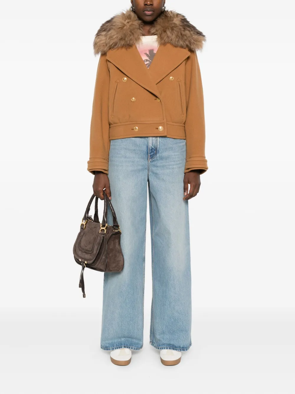 Chloé Wool Blend Jacket Fur Collar In Gold