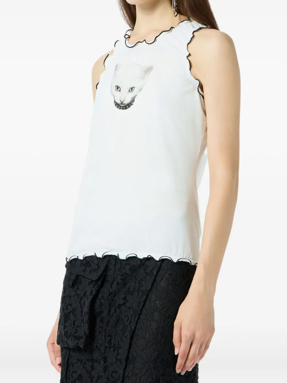 Blumarine T-shirt met ruches en kattenprint Wit
