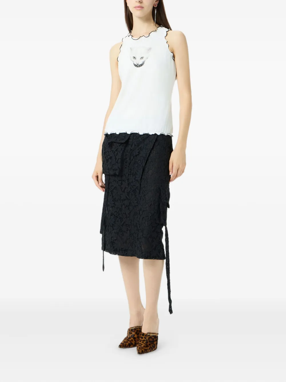 Blumarine T-shirt met ruches en kattenprint Wit