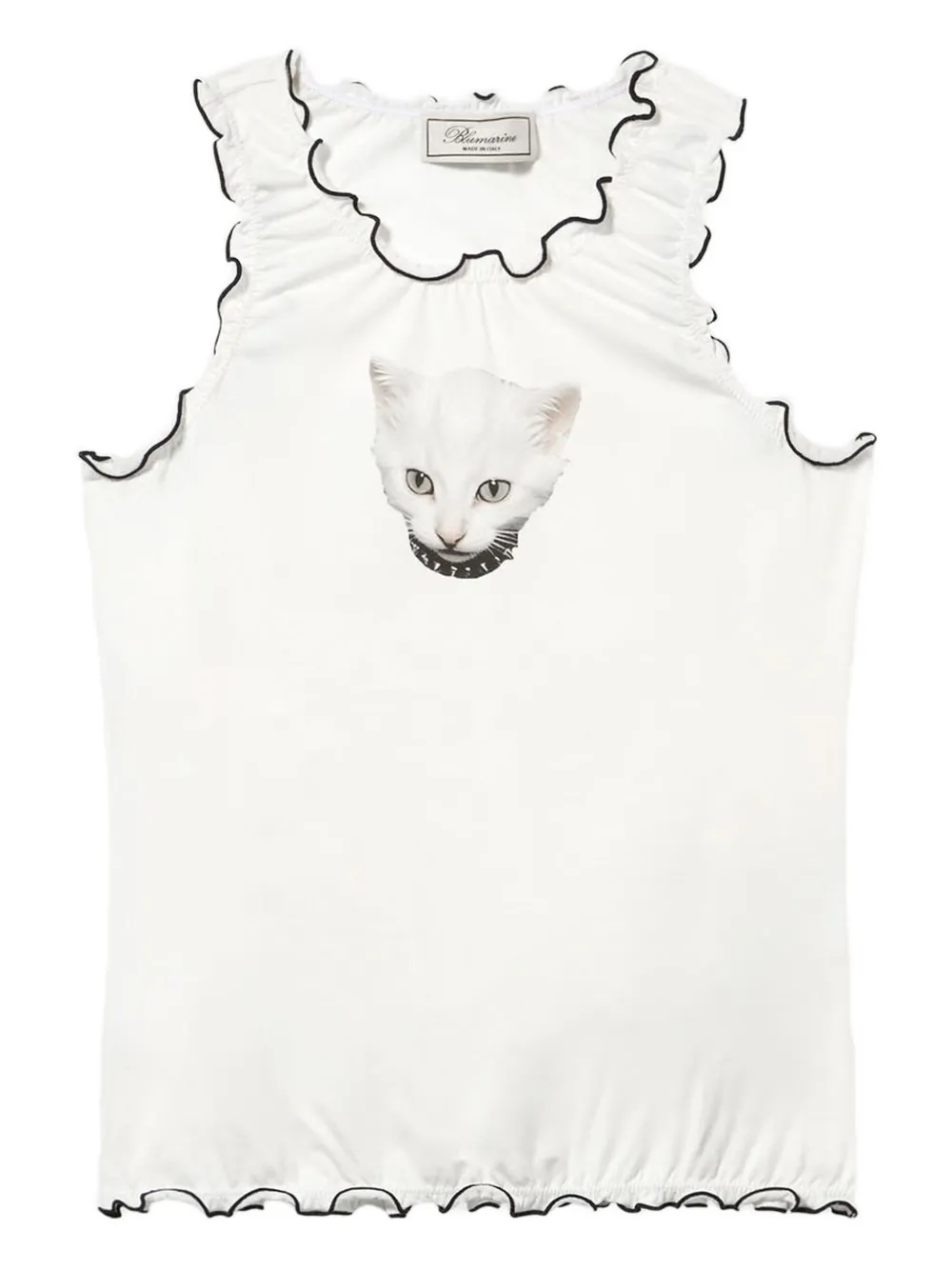 Blumarine T-shirt met ruches en kattenprint Wit