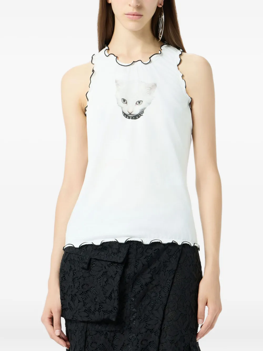Blumarine T-shirt met ruches en kattenprint Wit