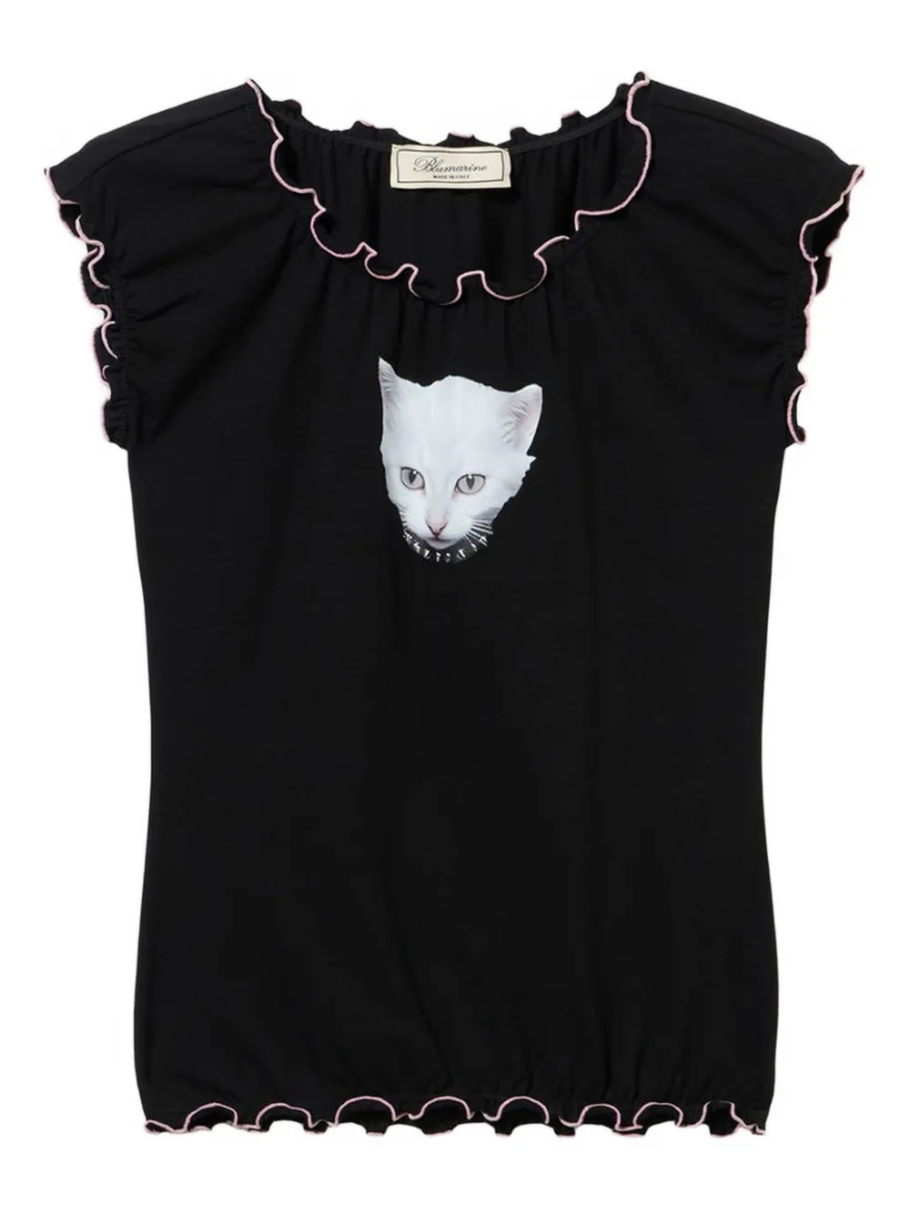 Blumarine cat-print ruffled T-shirt Zwart