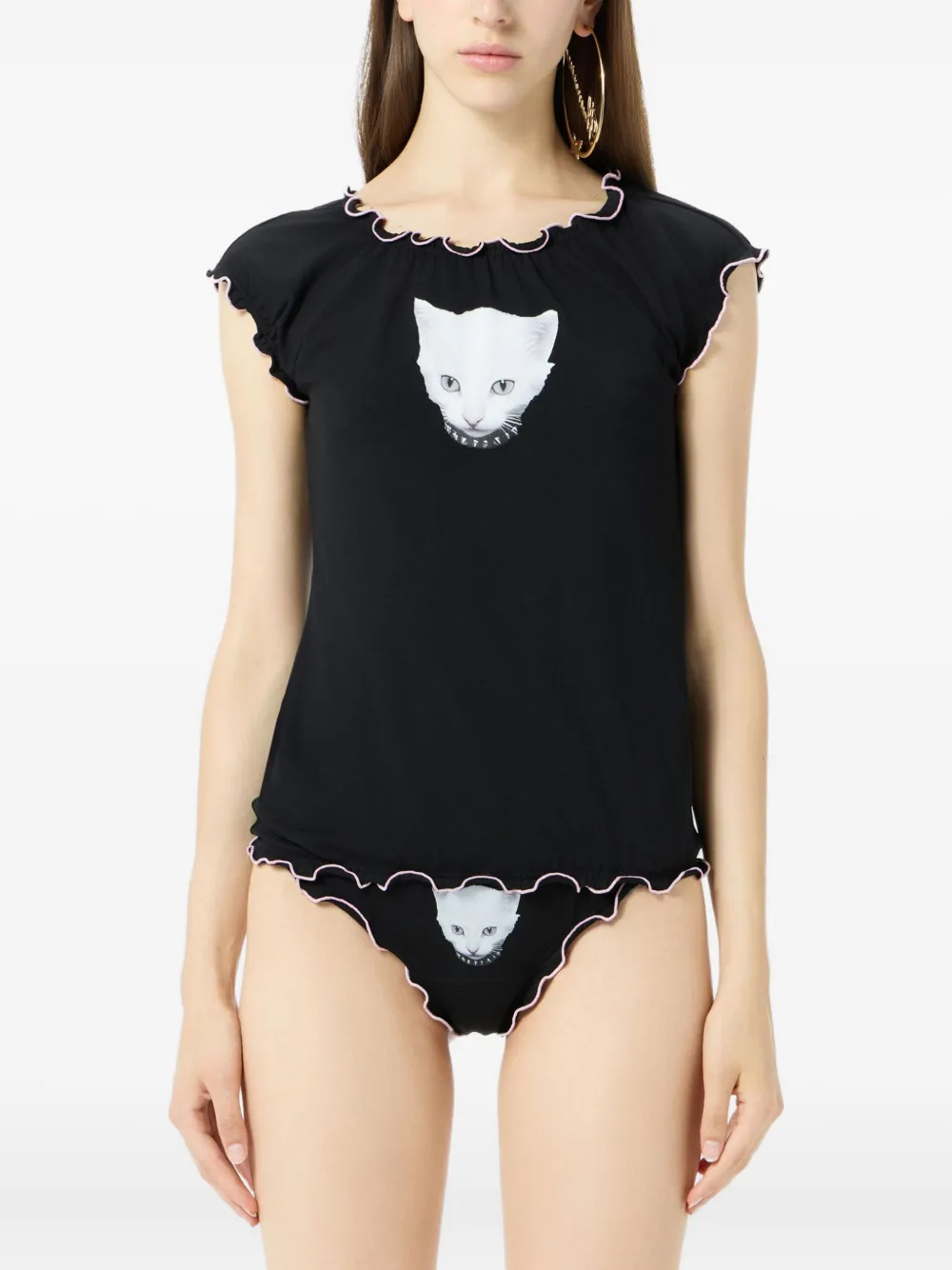Blumarine cat-print ruffled T-shirt Zwart