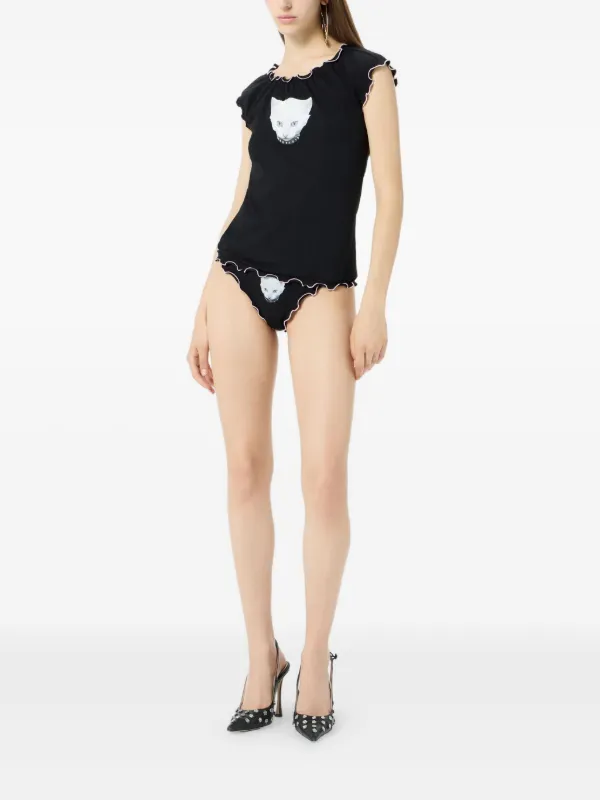 Blumarine cat-print Ruffled T-shirt | Black | FARFETCH