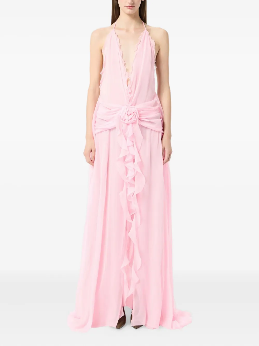 Blumarine rose-embellished ruffled maxi dress Roze