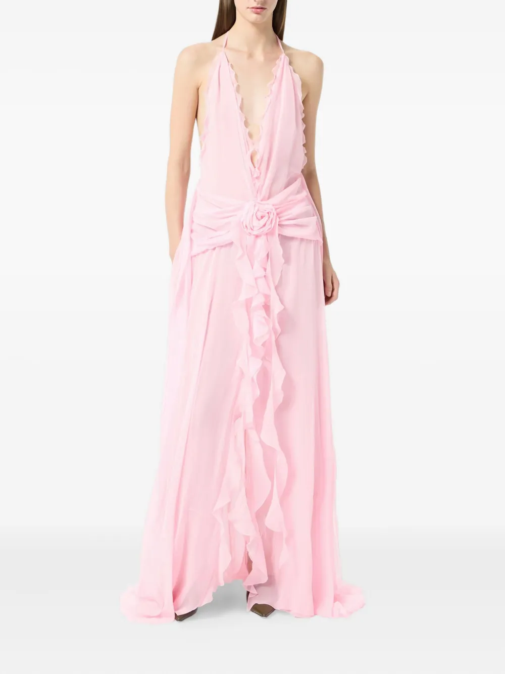 Blumarine rose-embellished ruffled maxi dress Roze