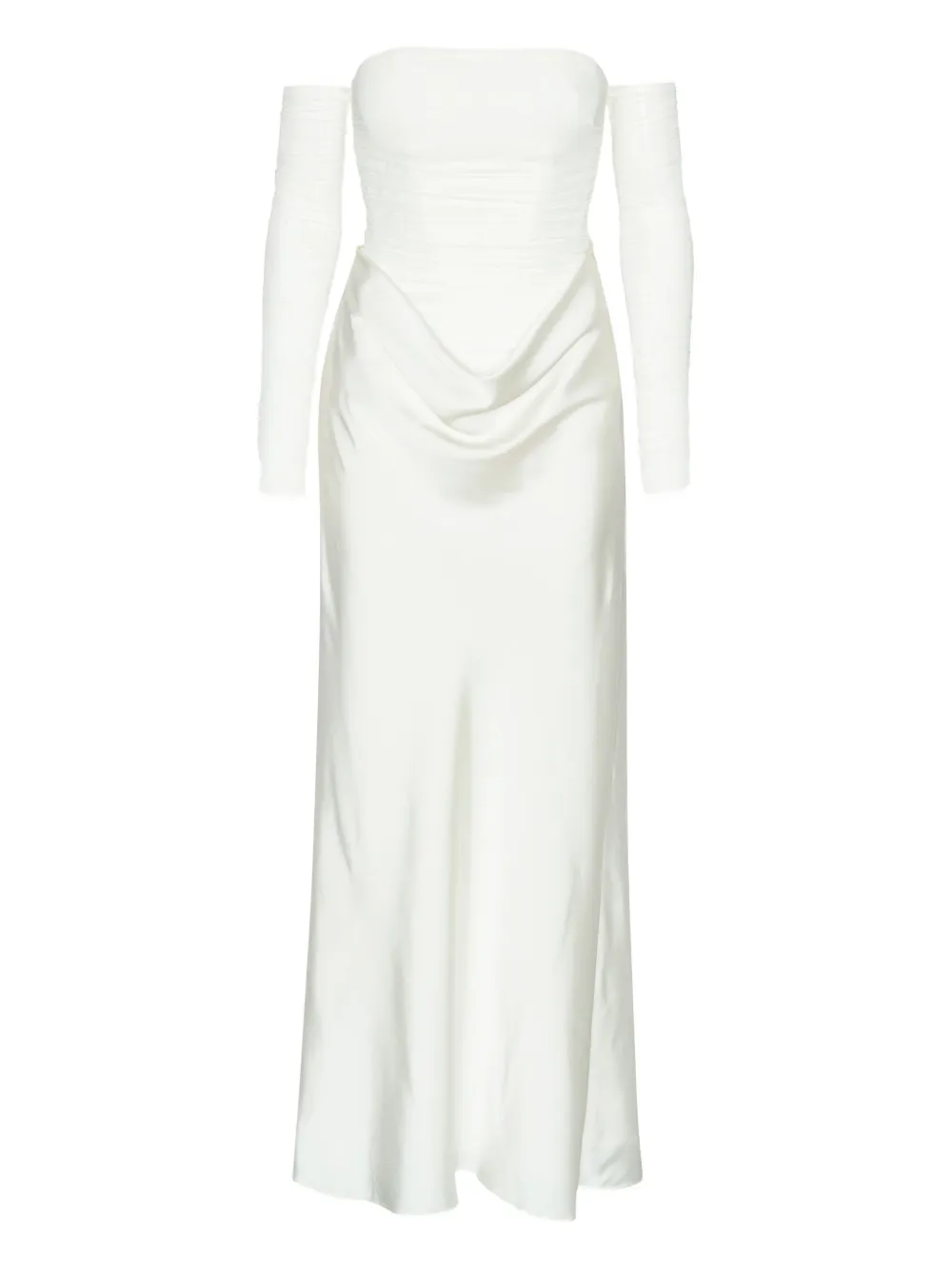 Rotate Birger Christensen Ruched Tulle And Satin Maxi Dress In White