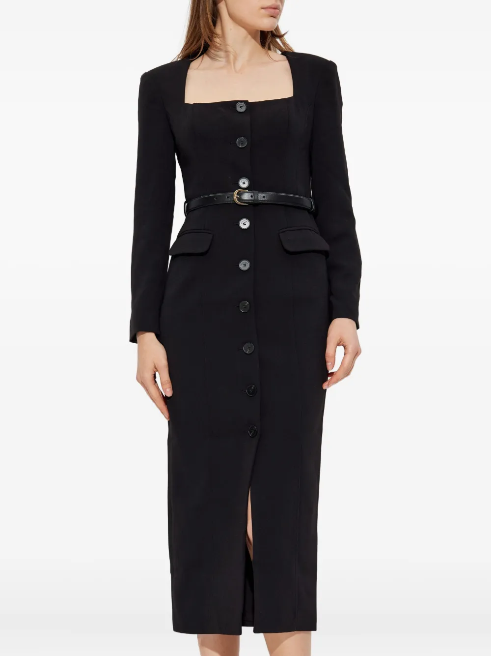 Self-portrait Button-front Belted Midi Dress In Black
