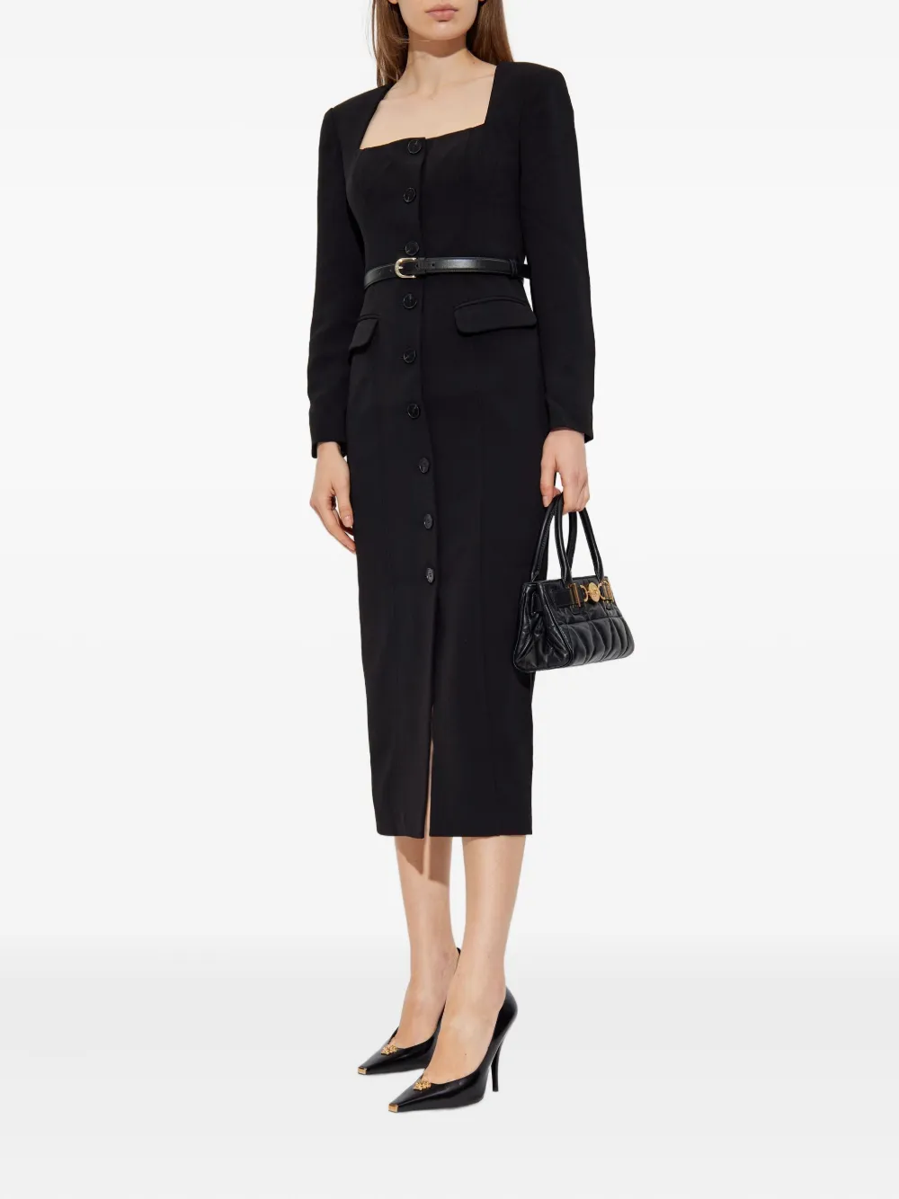 Self-Portrait button-front belted midi dress - Zwart