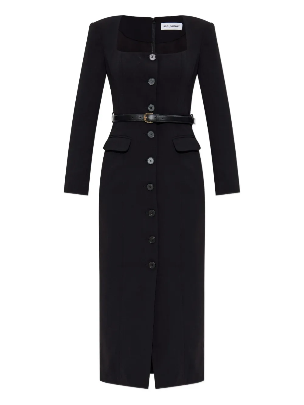 Self-portrait Button-front Belted Midi Dress In Black