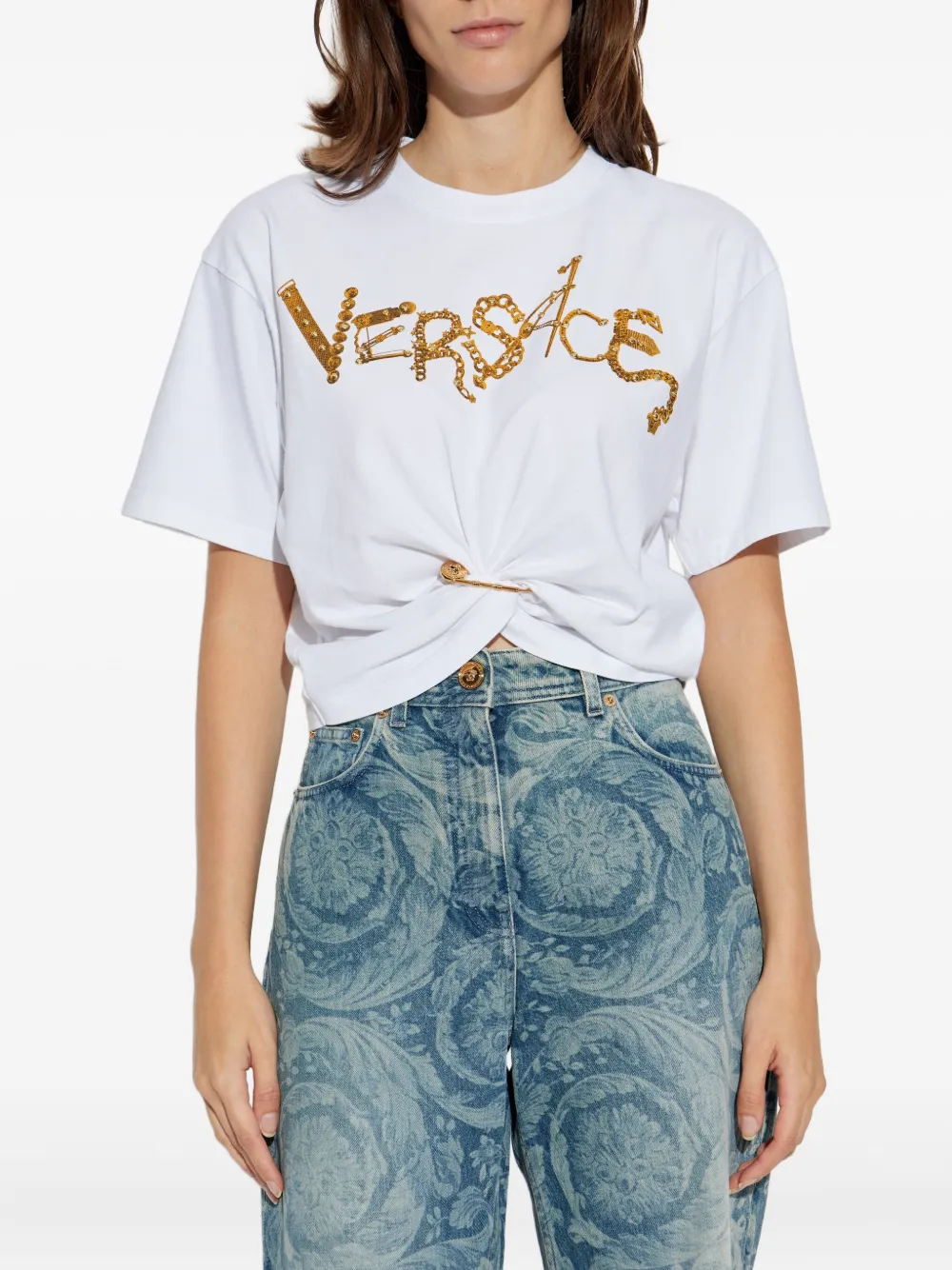 Versace Verfraaid T-shirt met geknoopt detail Wit