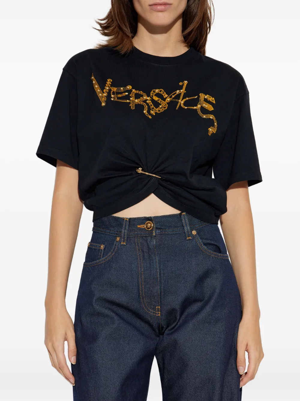 Versace Verfraaid T-shirt met geknoopt detail Zwart