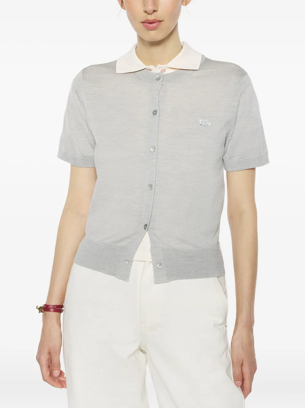 Maison Kitsuné Baby Fox-embroidered short-sleeve cardigan Grijs