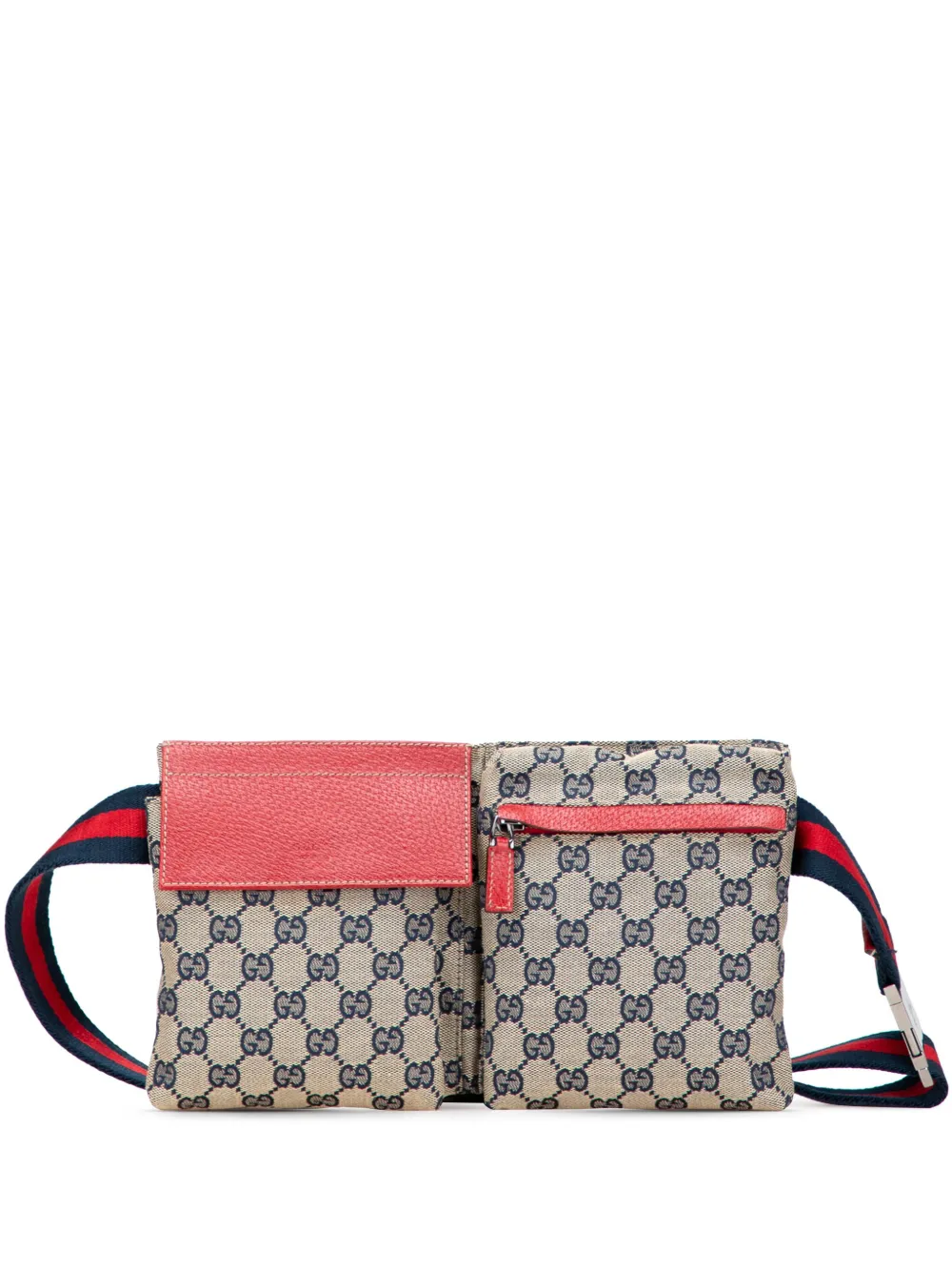 Pre-owned Gucci 2000-2015 Gg Canvas Web Double Pocket Belt Bag In Brown