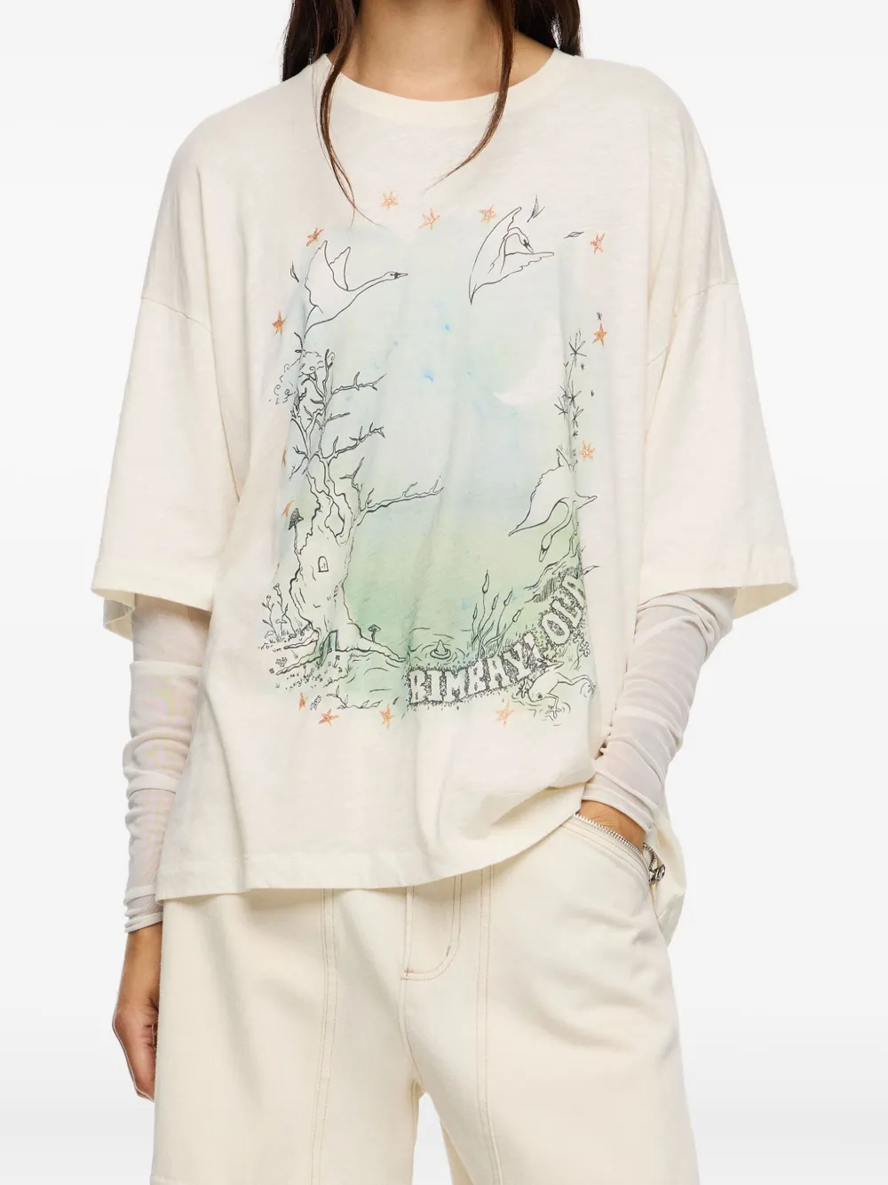 Bimba Y Lola Tulle Sleeve Printed T-shirt In Neutral