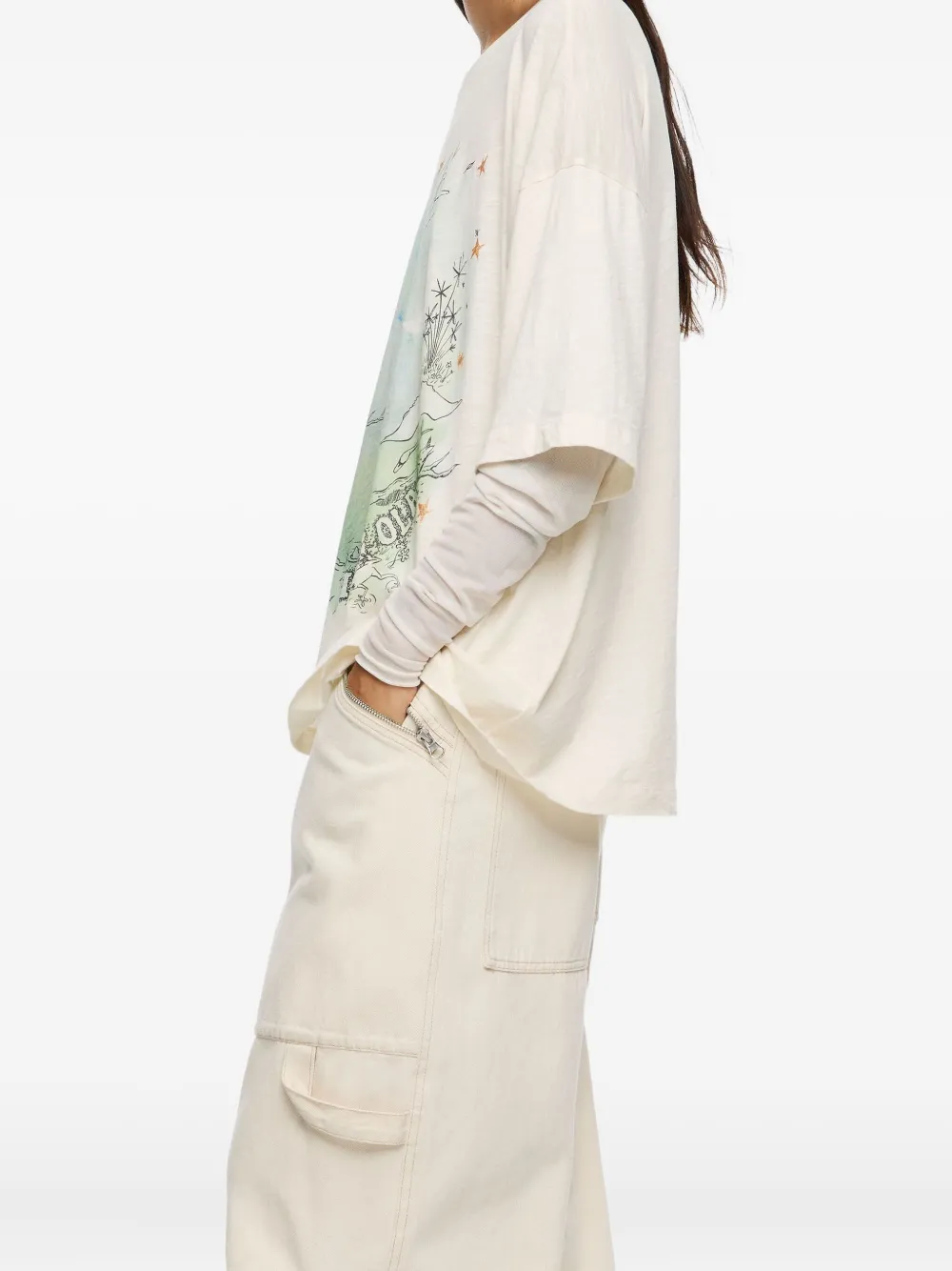 Bimba Y Lola Tulle Sleeve Printed T-shirt In Neutral