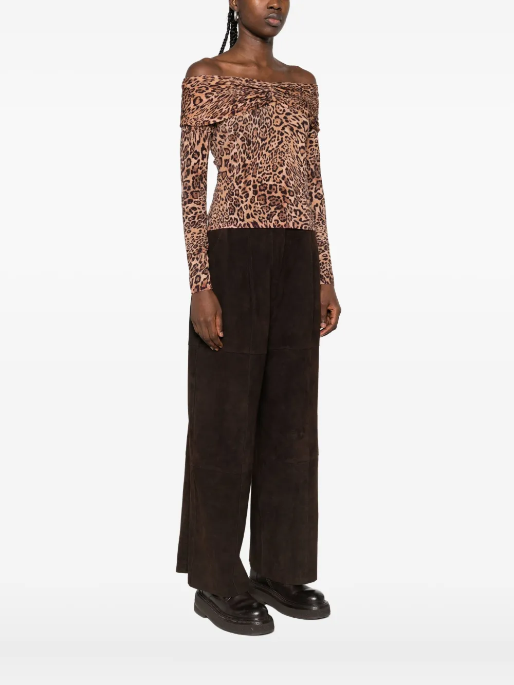Twinset Leopard-print Off-shoulder Sweater In Brown