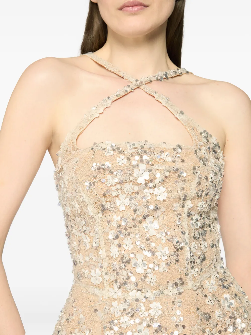 Genny Sequin-embellished Cross-halter Mini Dress In Brown
