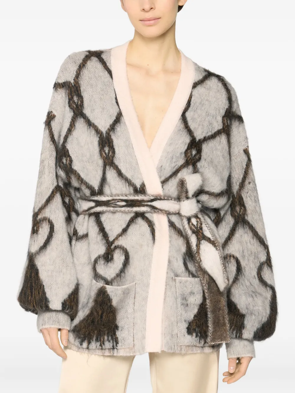 Genny Geometric-pattern Belted Cardigan In Gray