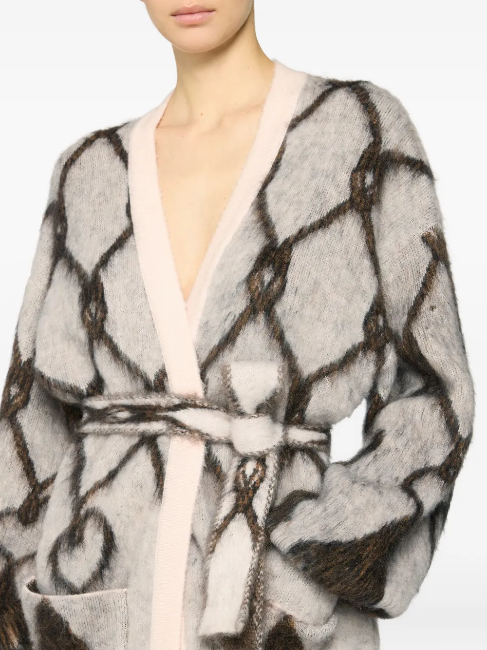 Genny Geometric-pattern Belted Cardigan In Gray