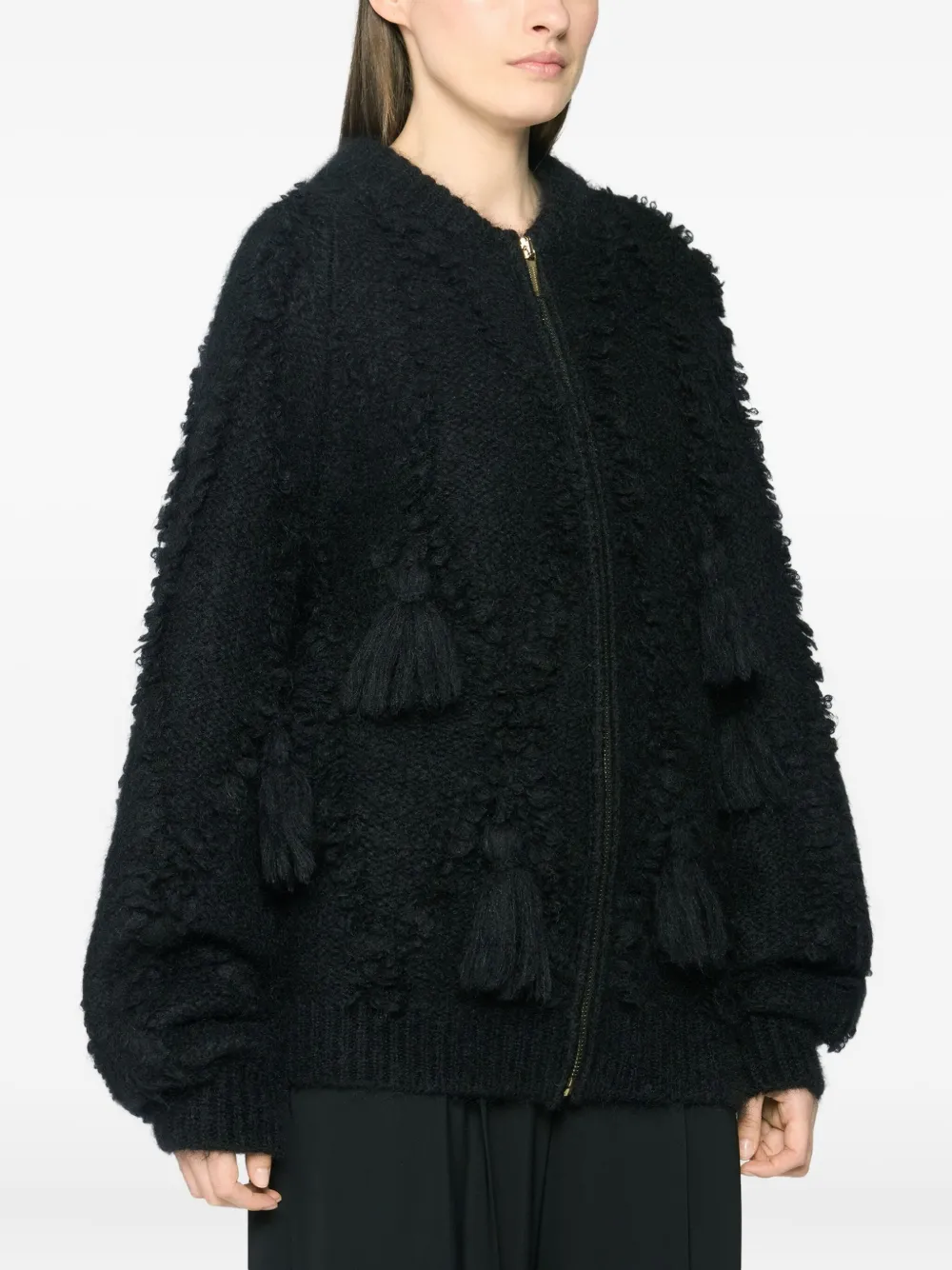 Genny Tassel-embellished Zip-front Cardigan In Black