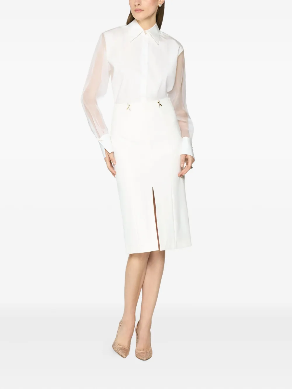Genny Embellished Front-split Midi Skirt In White