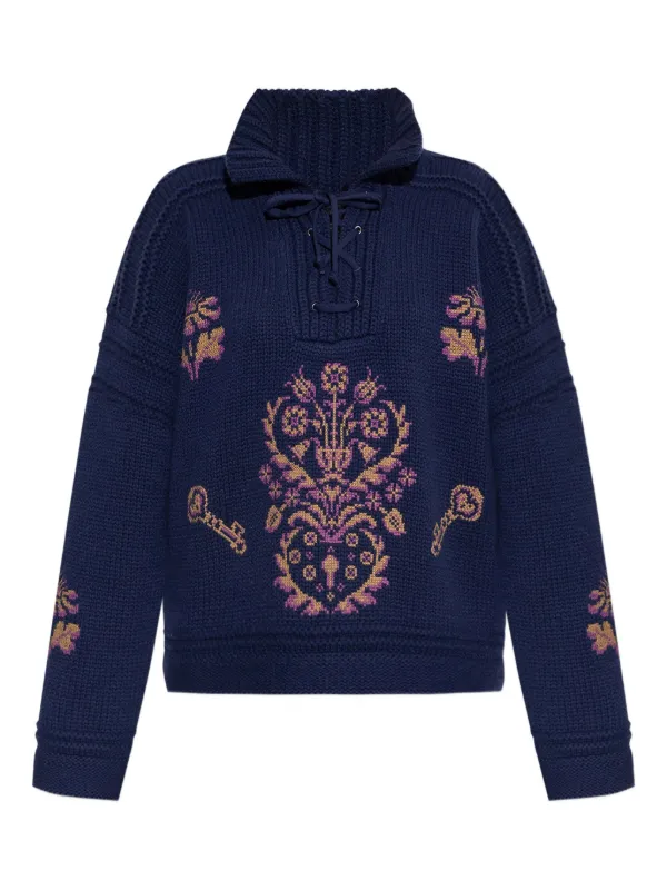 Etro Lace-up Embroidered Sweater in B0065 BLUE