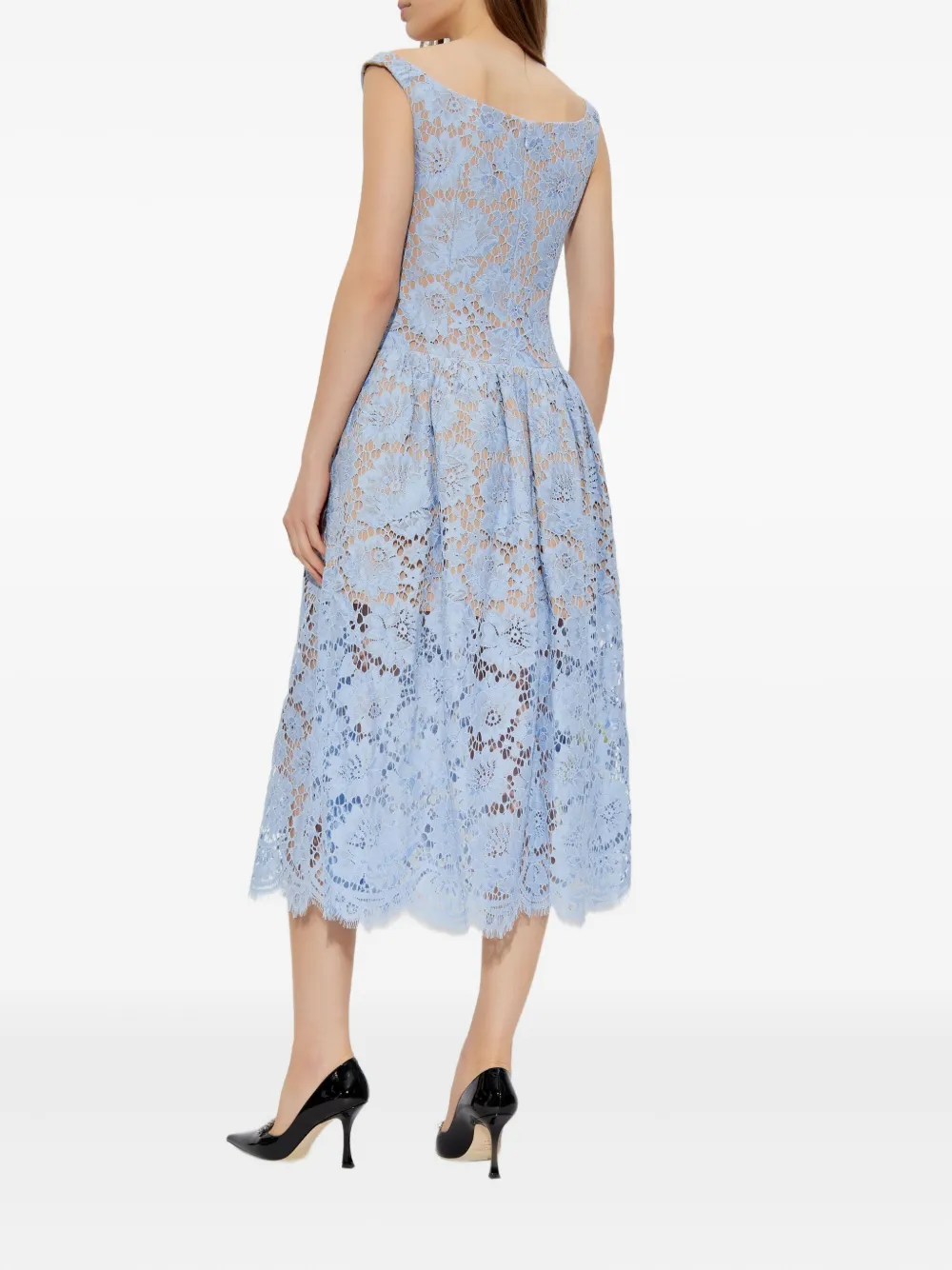 Self-Portrait Midi-jurk met bloemenkant Blauw