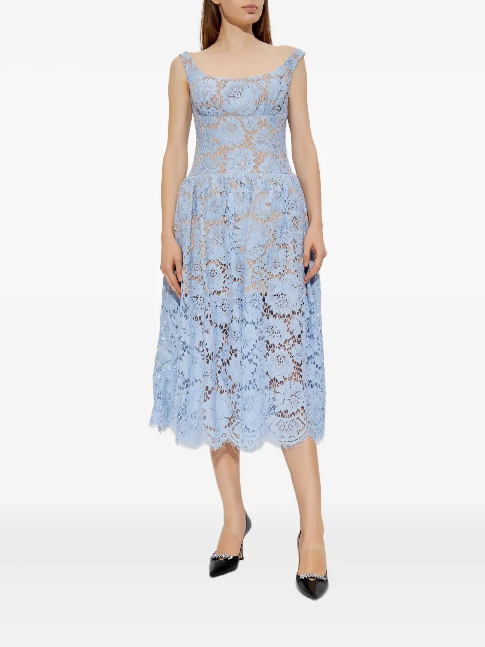Self-Portrait Midi-jurk met bloemenkant Blauw