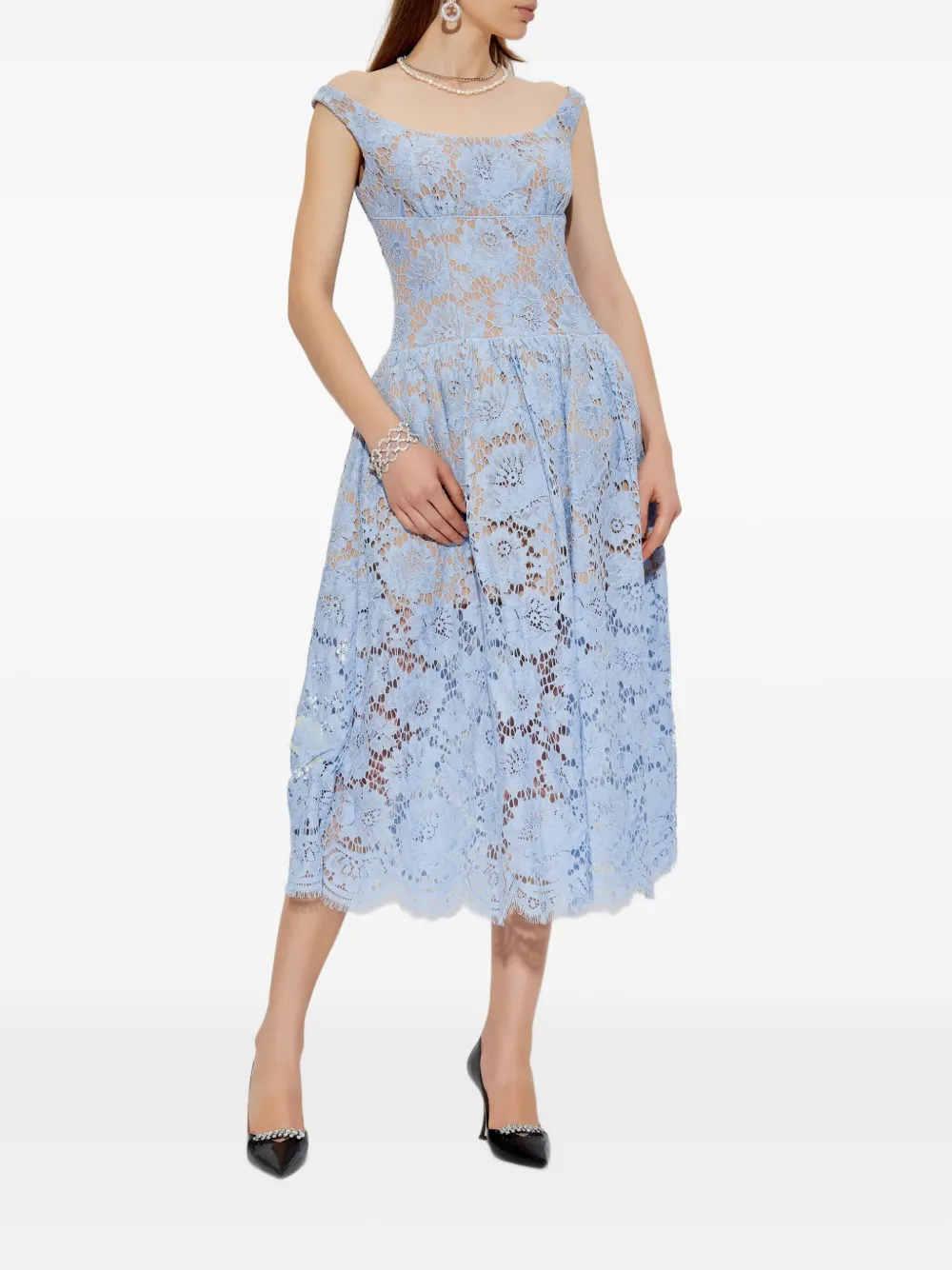Self-Portrait floral-lace midi dress - Blauw