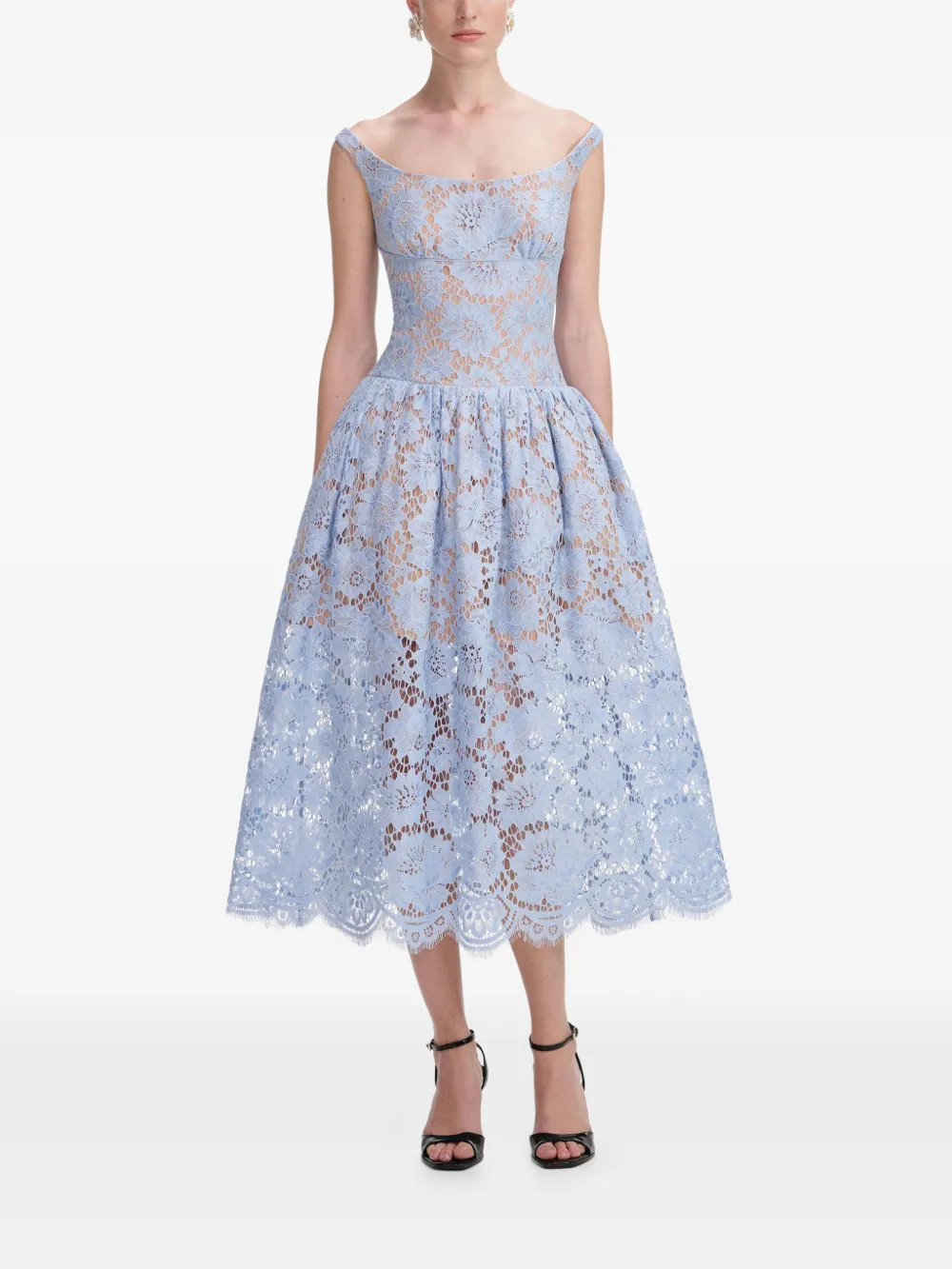 Self-Portrait Midi-jurk met bloemenkant Blauw