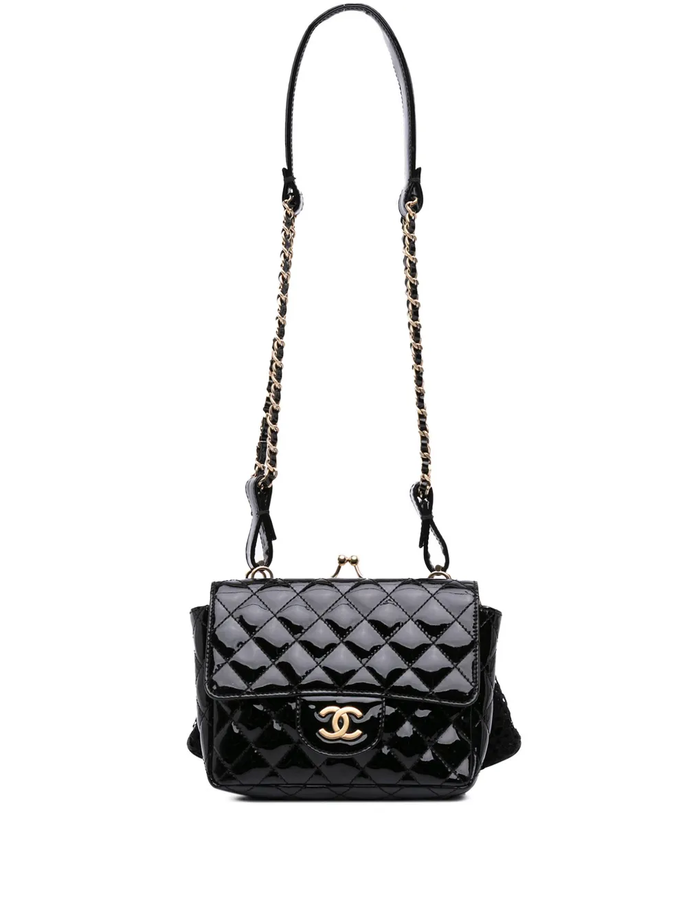 CHANEL Pre-Owned 2009-2010 ミニ パテント レース キスロック フラップ ダブル ショルダーバッグ - ブラック CHANEL Pre-Owned 2009-2010 ミニ パテント レース キスロック フラップ ダブル ショルダーバッグ - ブラック