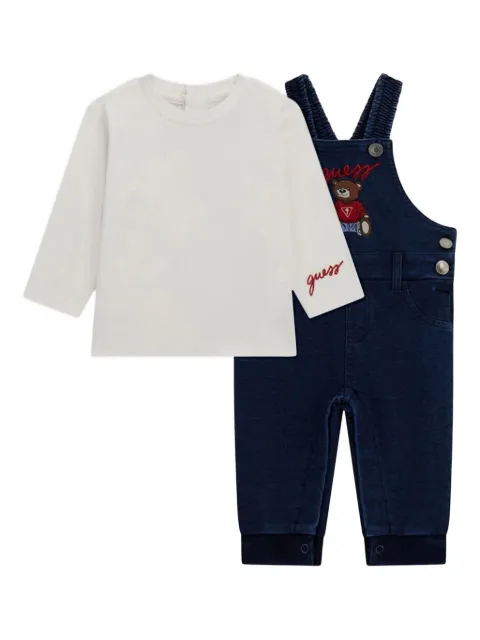 guess kids embroidered teddy bear denim romper set