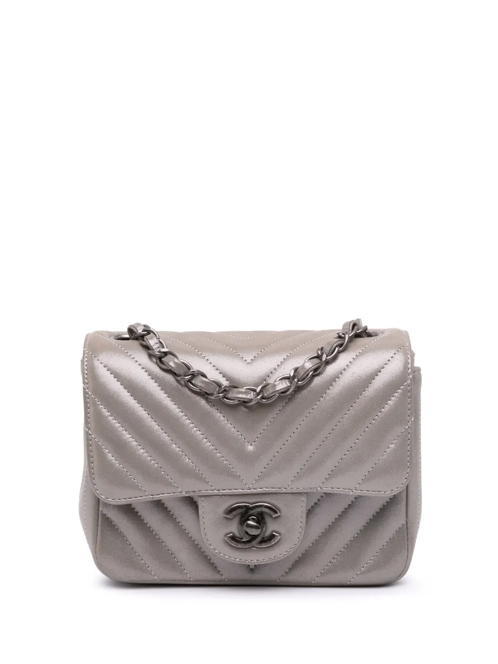 Pre-owned Chanel 2016-2017 Mini Square Classic Chevron Iridescent Calfskin Single Flap Crossbody Bag In Brown