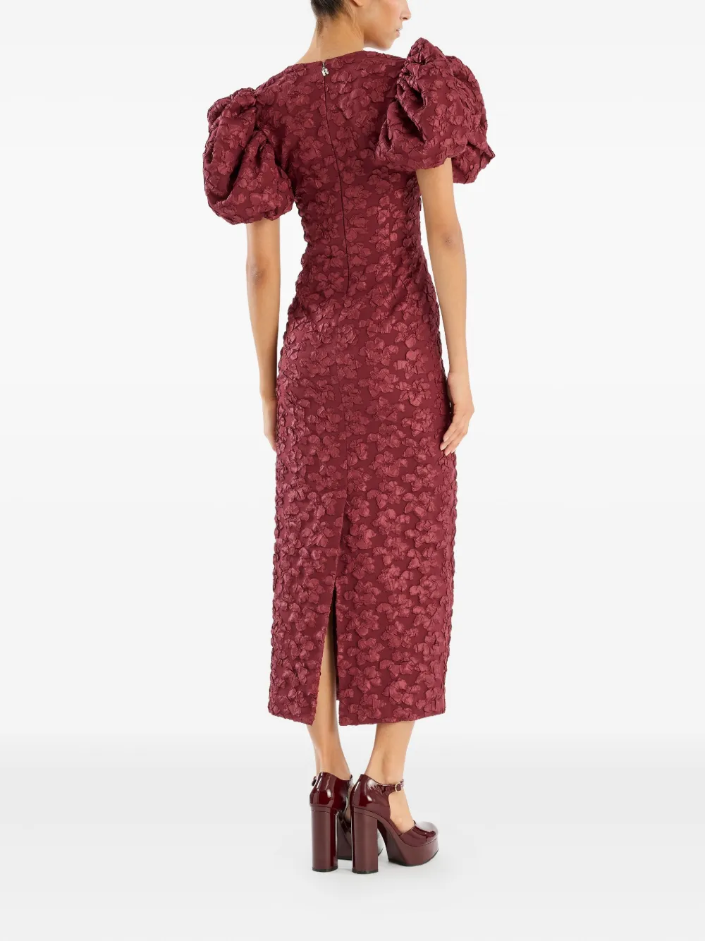 Rotate Birger Christensen Midi Dress With Puff Sleeves And Back Slit In Burgundy