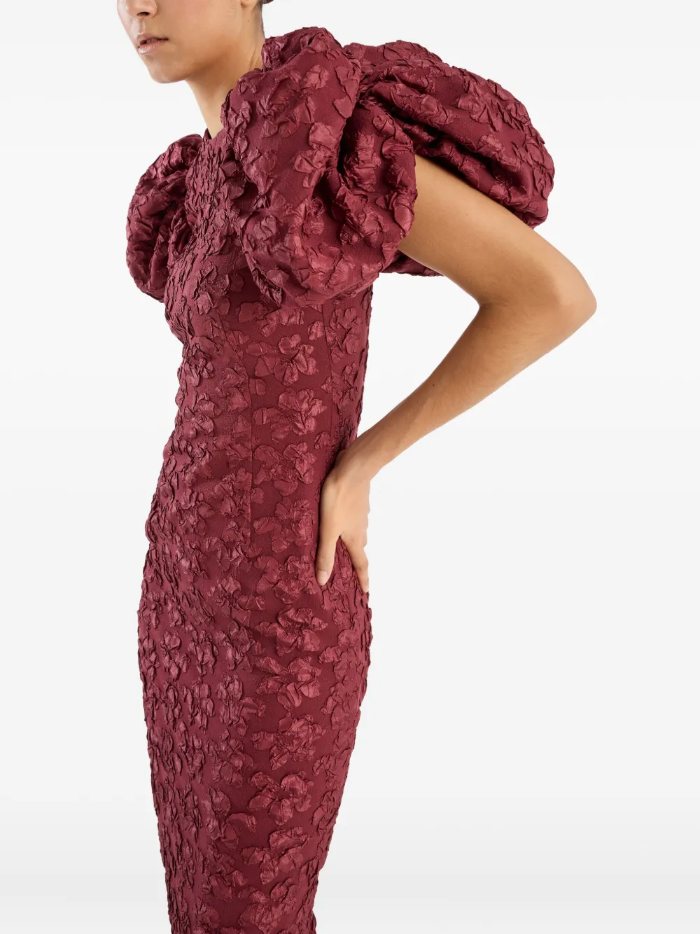 Rotate Birger Christensen Midi Dress With Puff Sleeves And Back Slit In Burgundy