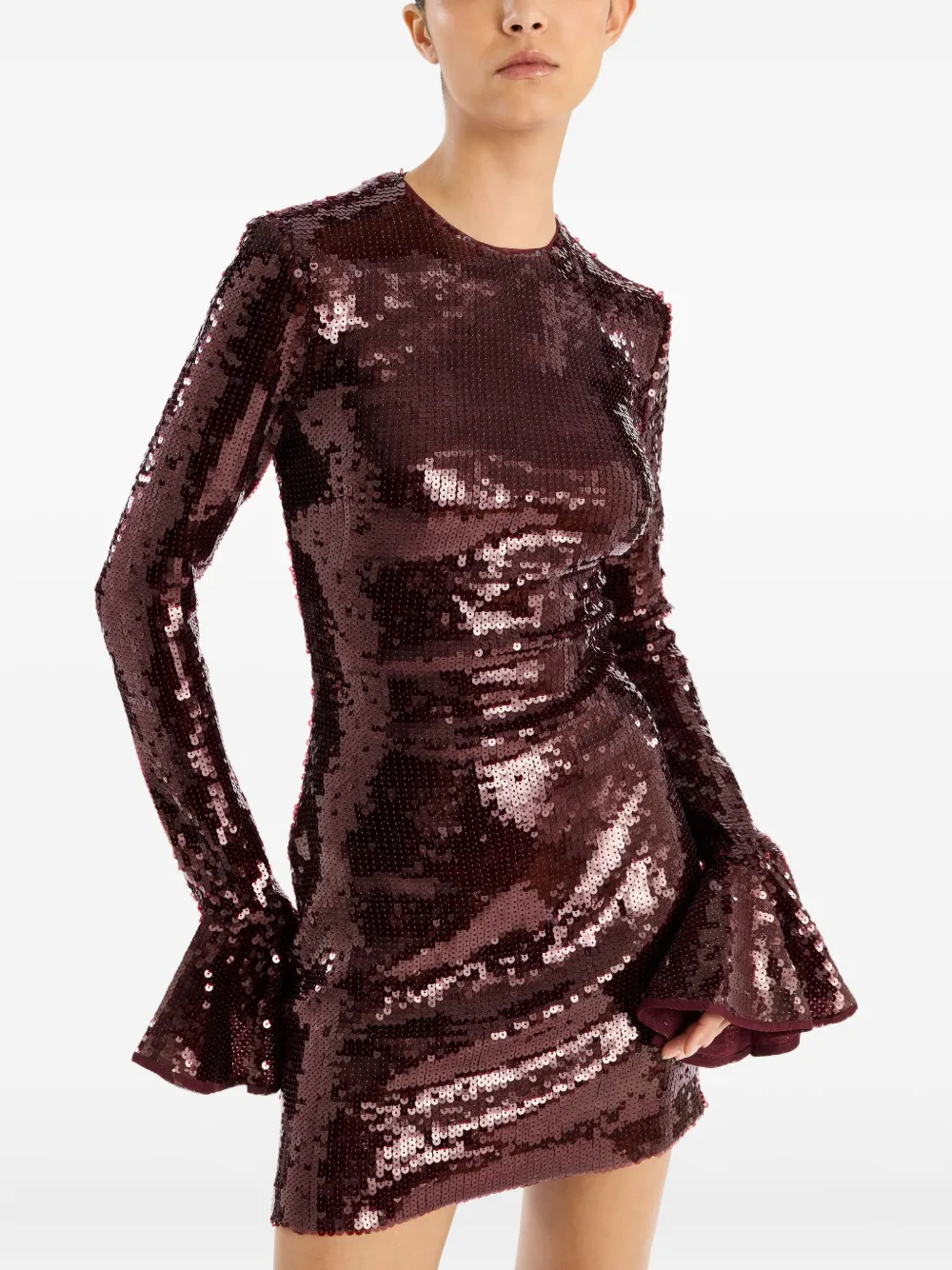 Rotate Birger Christensen Sequin Embellished Dress Flared Cuffs Long Sleeves In Brown