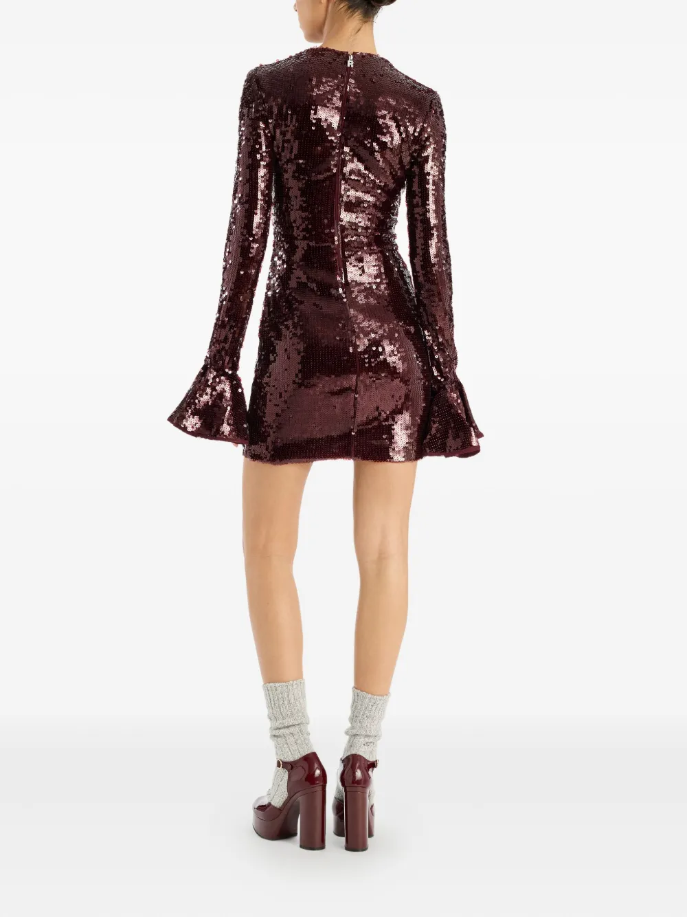 Rotate Birger Christensen Sequin Embellished Dress Flared Cuffs Long Sleeves In Brown