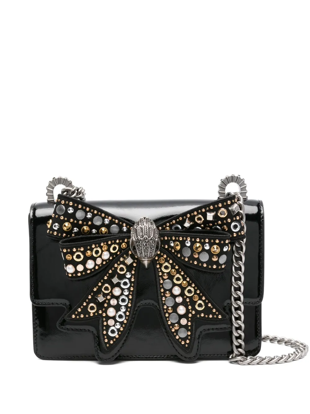 Kurt Geiger Bow-embellished Patent-leather Cross Body Bag In Black