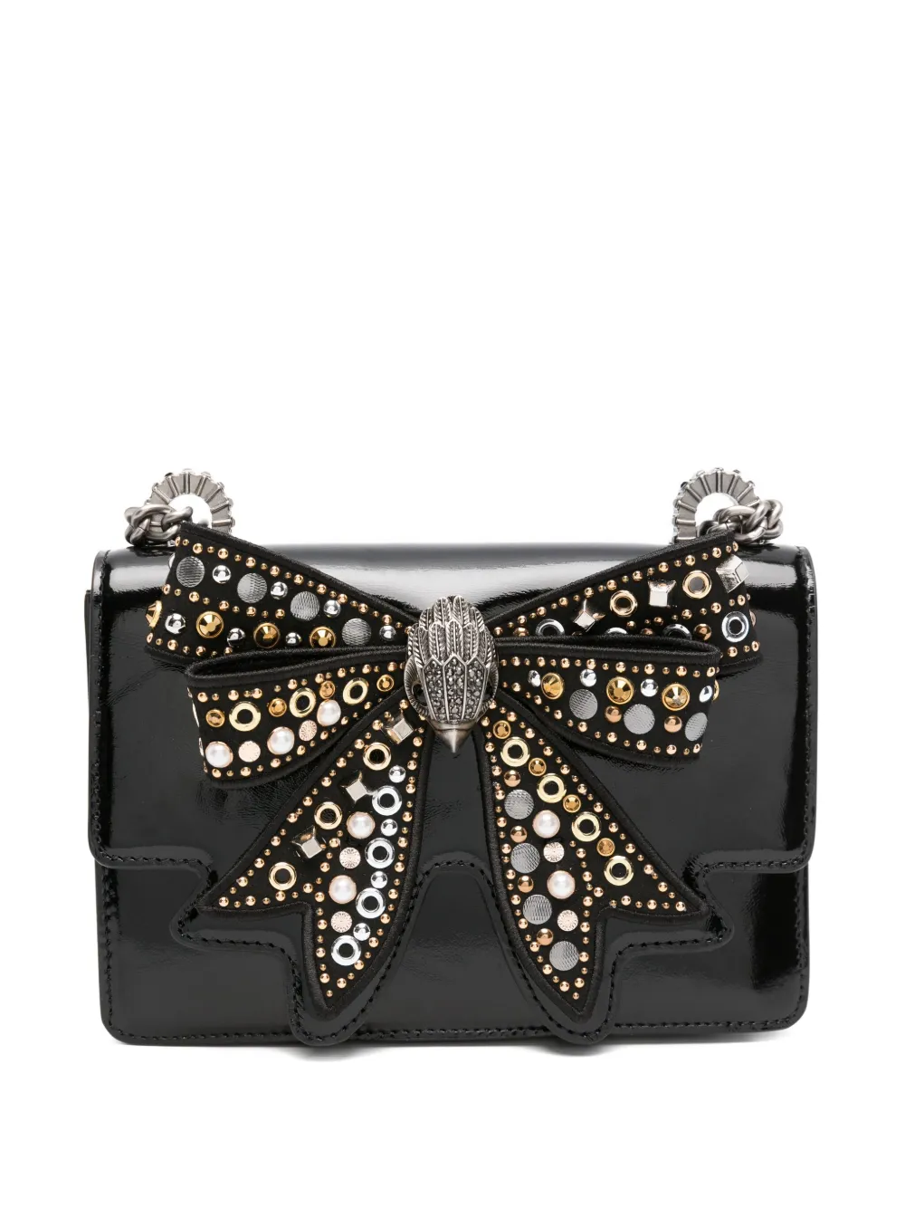 Kurt Geiger Bow-embellished Patent-leather Cross Body Bag In Black