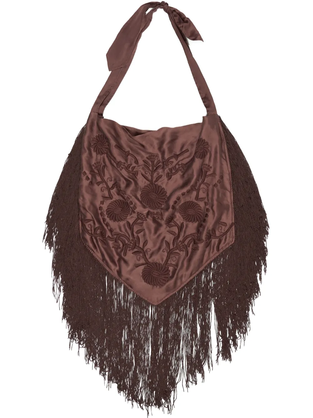 Bimba Y Lola Large Embroidered Fringed Shoulder Bag In Brown