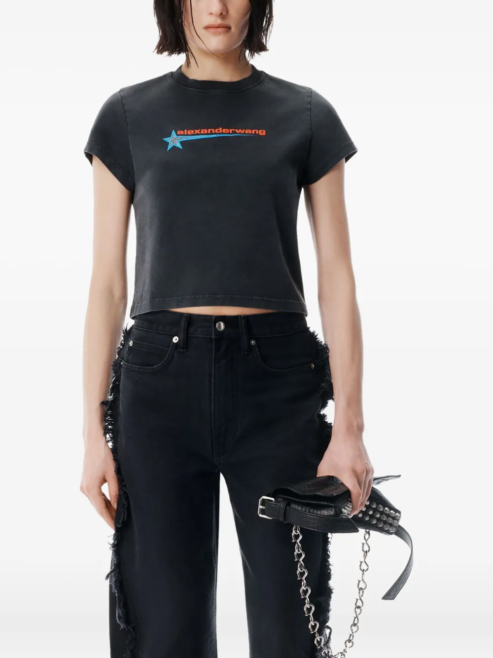Alexander Wang Logo-print Embellished Cropped Cotton T-shirt In Black