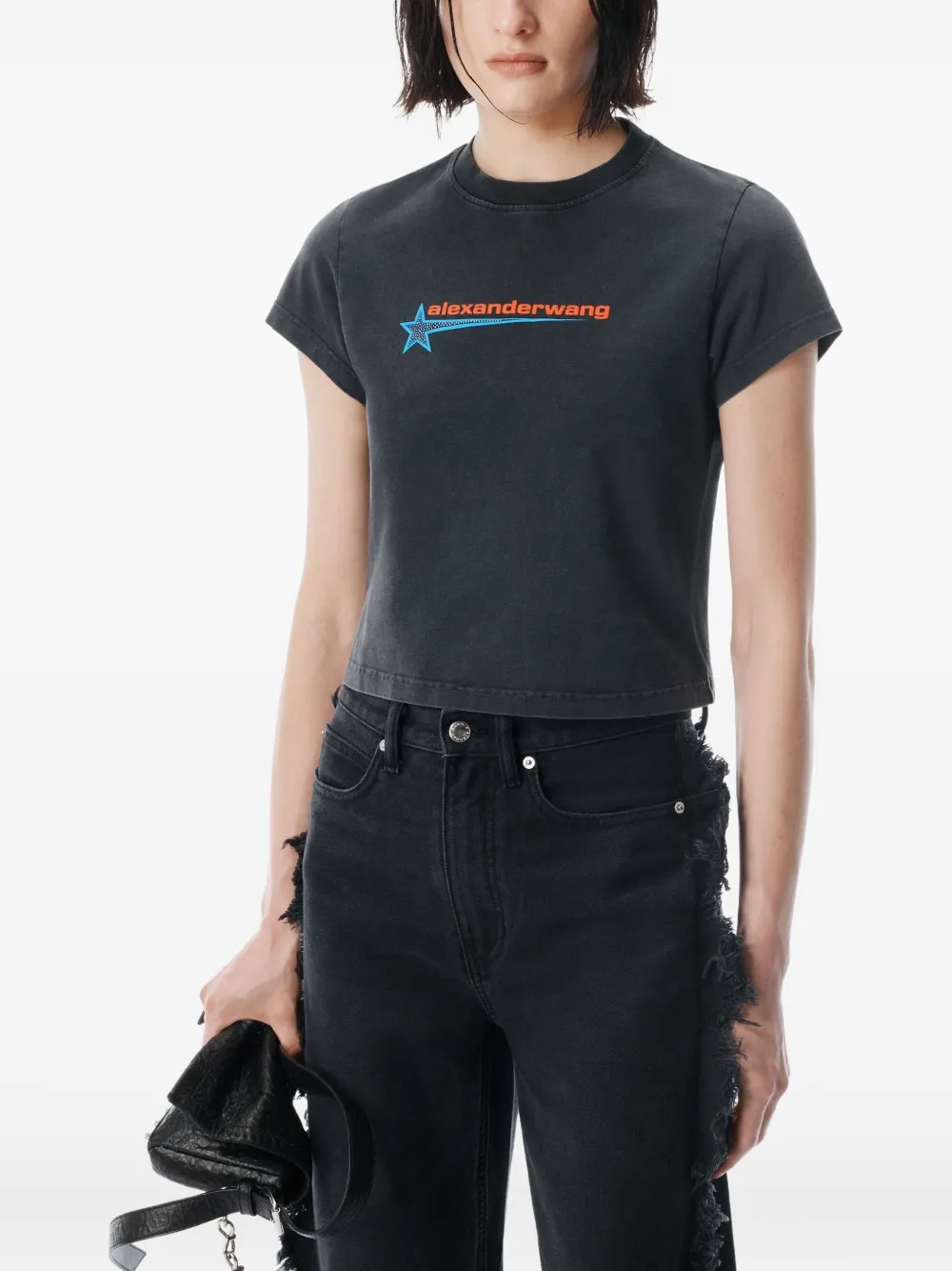 Alexander Wang Logo-print Embellished Cropped Cotton T-shirt In Black