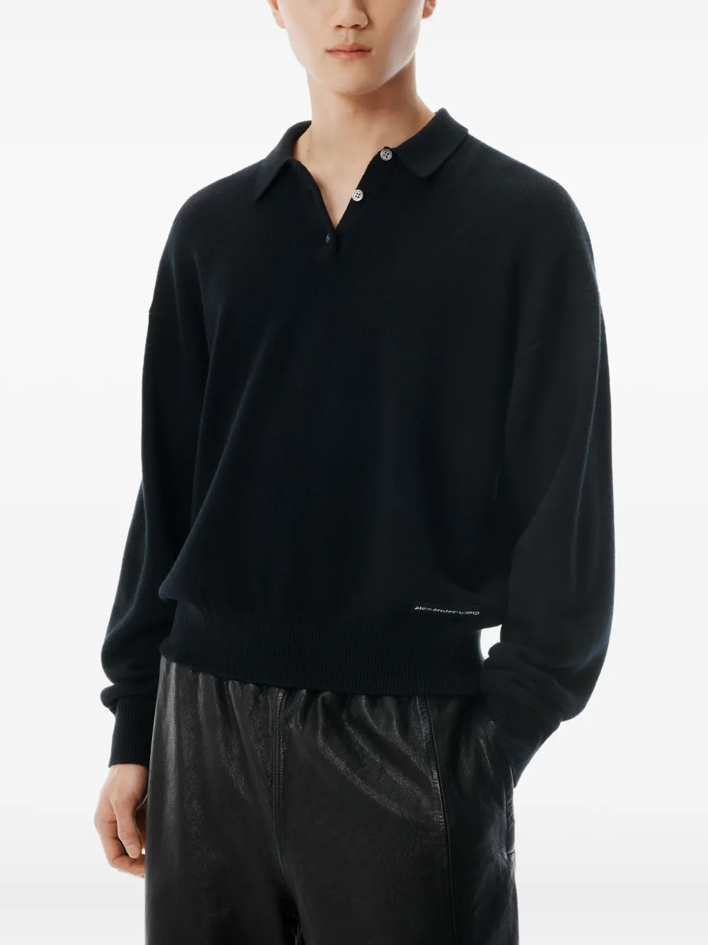 Alexander Wang Logo-patch Long-sleeve Polo Shirt In Black