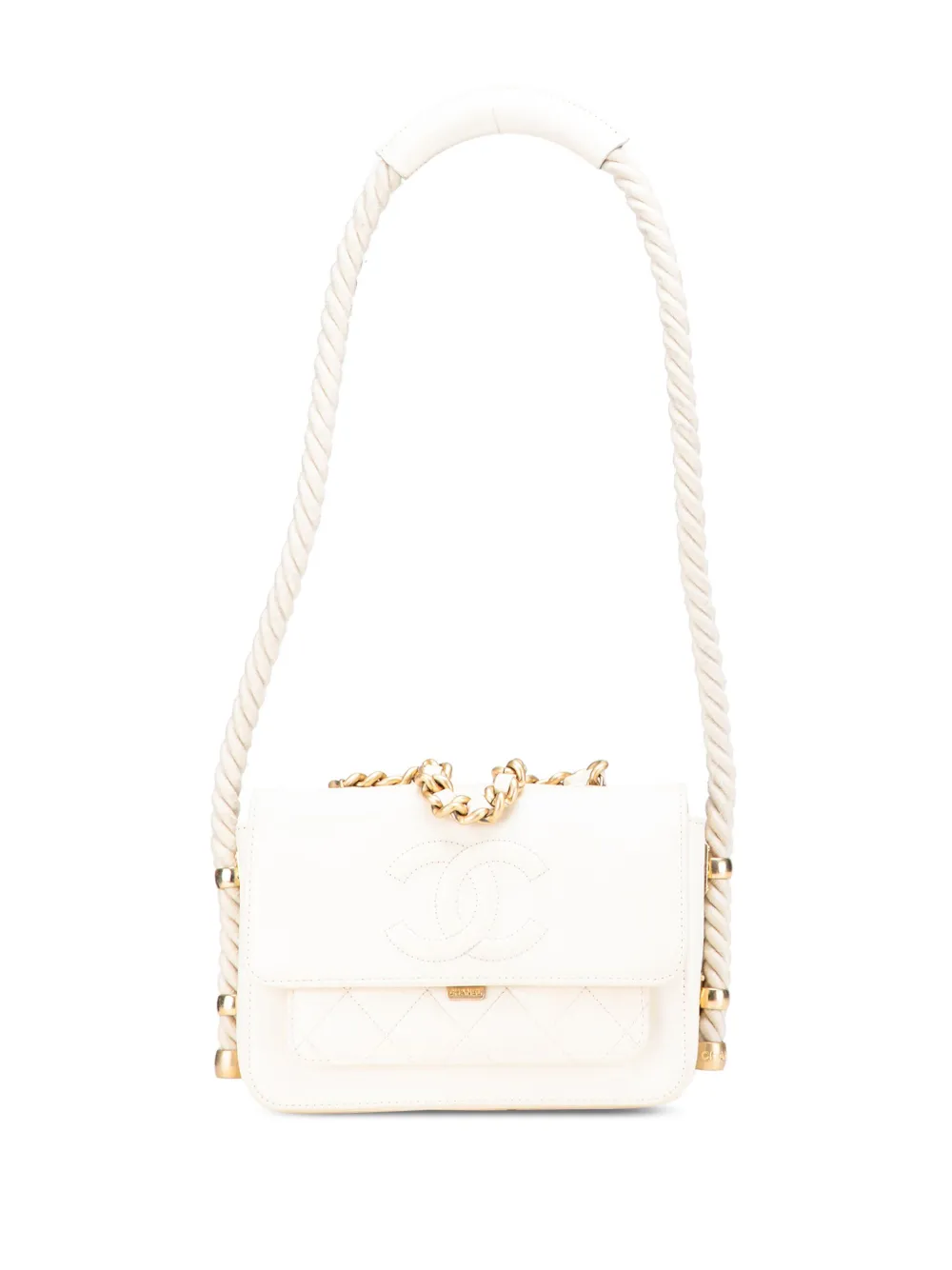 CHANEL Pre-Owned 2019 クランプルカーフ アン ヴォーグ ロープ フラップ サッチェルバッグ - ホワイト CHANEL Pre-Owned 2019 クランプルカーフ アン ヴォーグ ロープ フラップ サッチェルバッグ - ホワイト