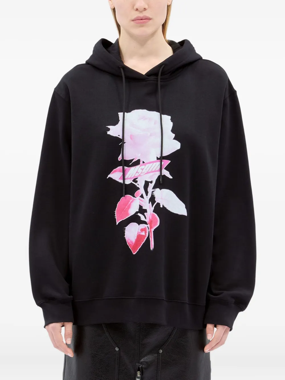 Msgm Rose-print Hoodie In Black