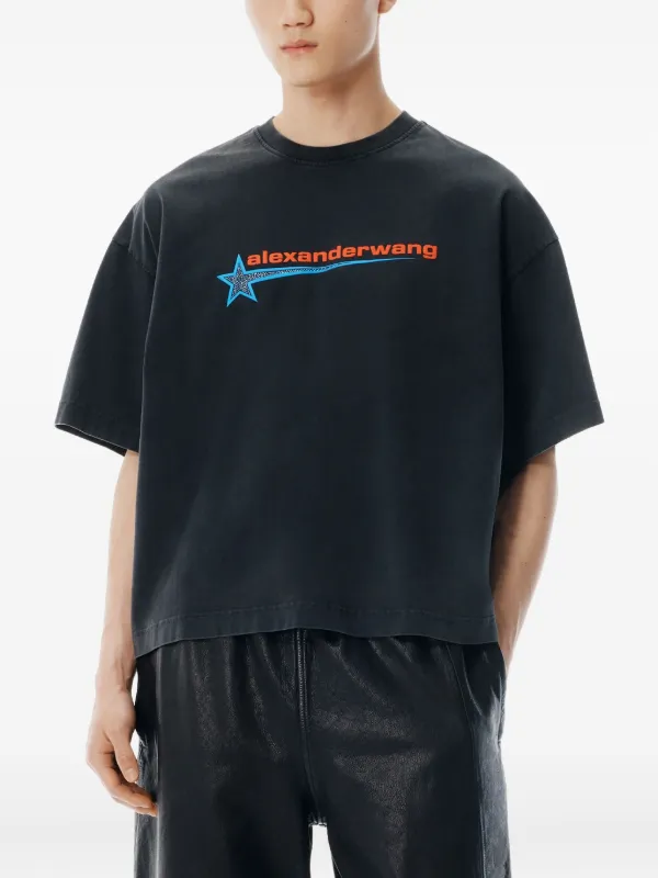 タグ付きAlexander wangクロップドTシャツ ブラック ストライプ Oversized Graphic Tee in WASHED BLACK | alexanderwang®